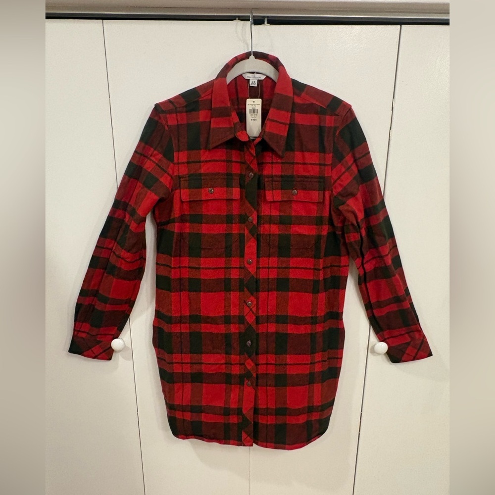 NWT LL Bean Signature 100% Cotton Button Down Tunic Flannel Fiery Red Size M